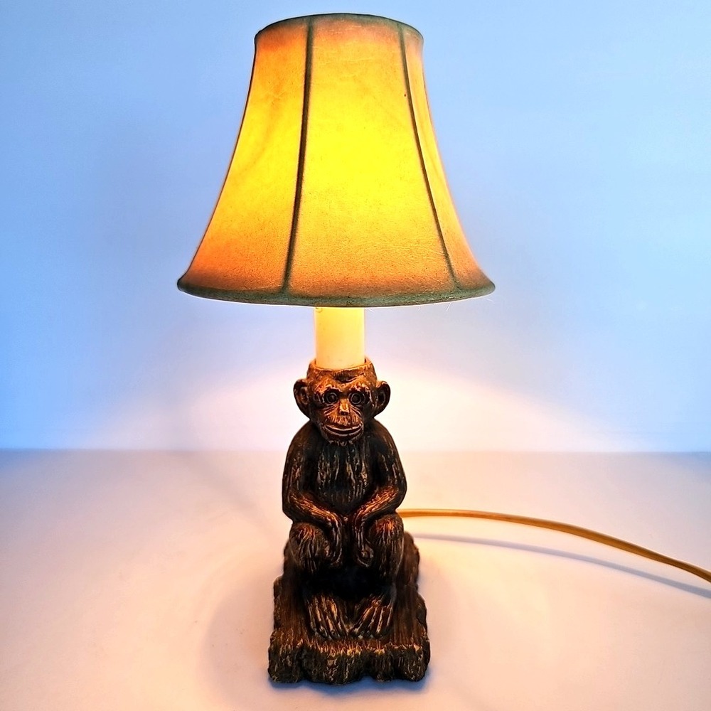 Vtg Monkey Table Lamp Bronze Resin Animal Accent Light Safari Maximalism Jungle